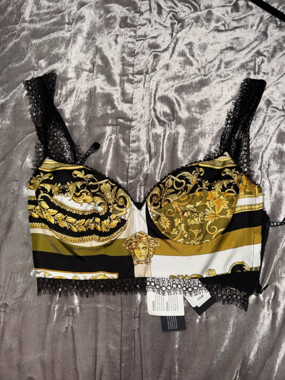 Versace Black, Gold & White Baroque Lace Bustier Bralette